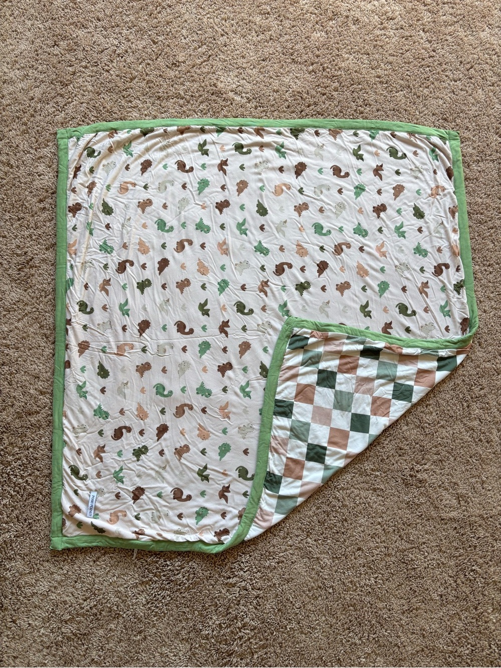 Green Trim Woodland Baby Blanket - Reversible Check & Animal Print: Posh Peanut